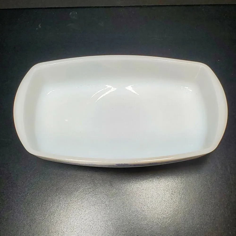 Vintage Federal Oven Proof White Milk Glass Blue Lady Michelle Floral Loaf Dish